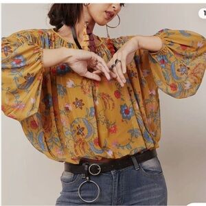 Free People Wildflower Honey Mesh Top Blouse Sz S Mustard Yellow Ruched Sleeves